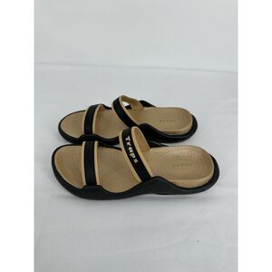 TRAPS By Bare Trap Black Beige LOGO Women Size 8 Two Bands Slides Sandals‎ NEW